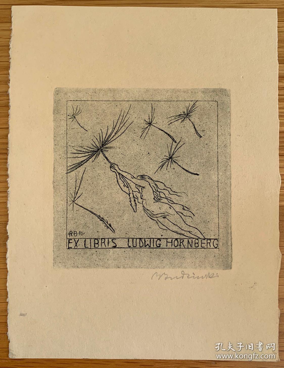 德国著名艺术家robert budzinski铜版藏书票 随风而舞