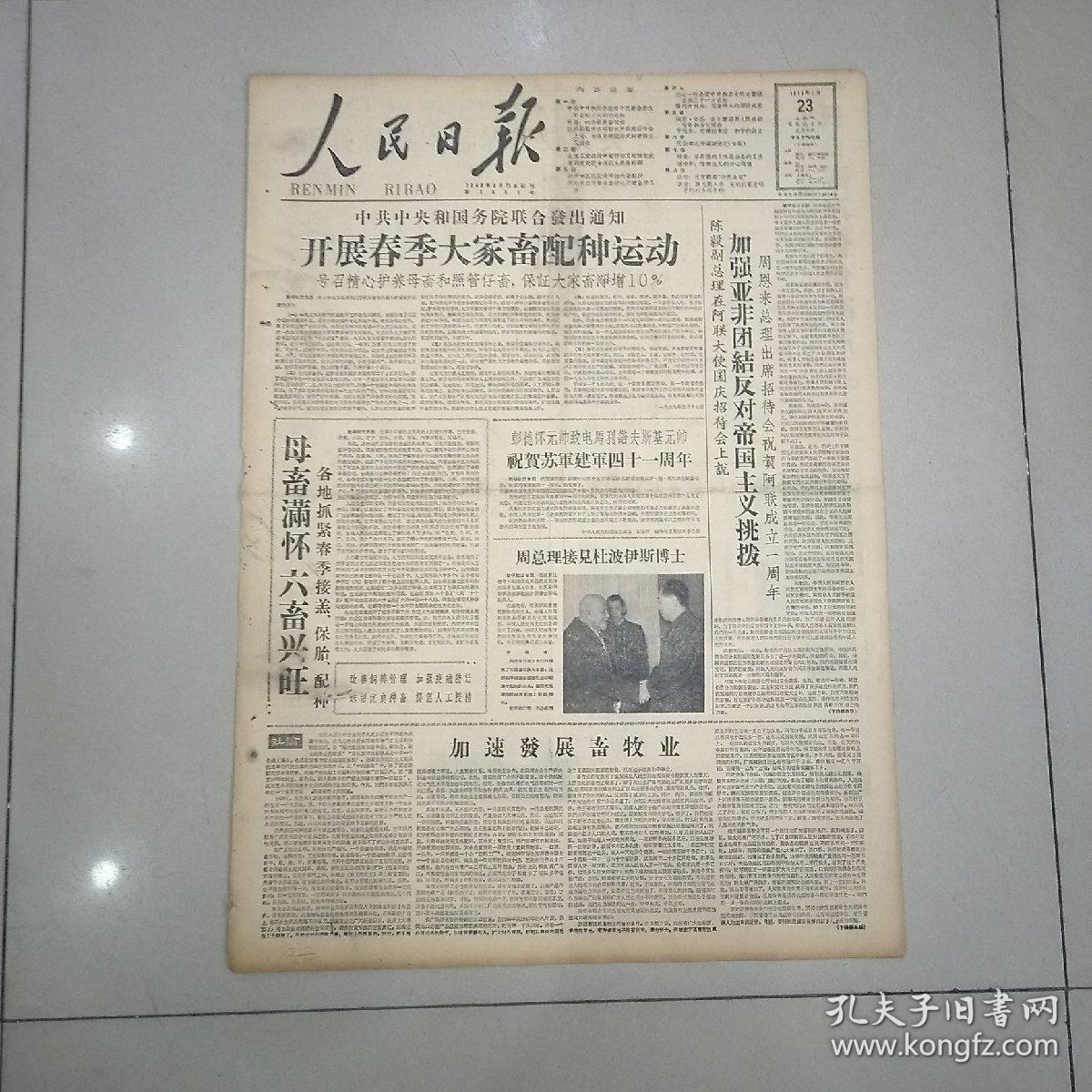 老报纸人民日报1959年2月23日(4开八版)开展春季大家畜配种运动;天山