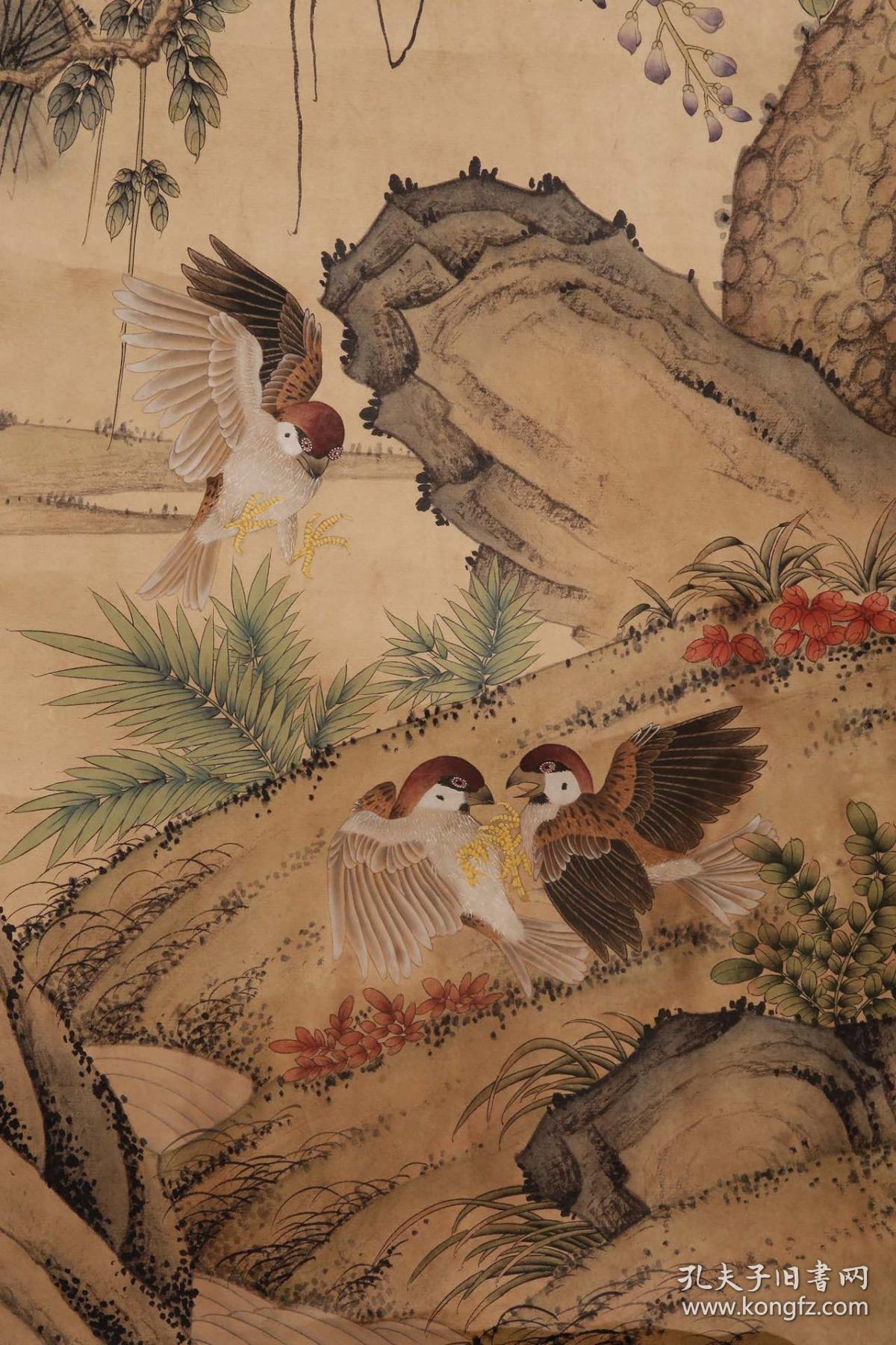 清代,"郎世宁"花鸟纸本立轴  尺寸:总长195×46画