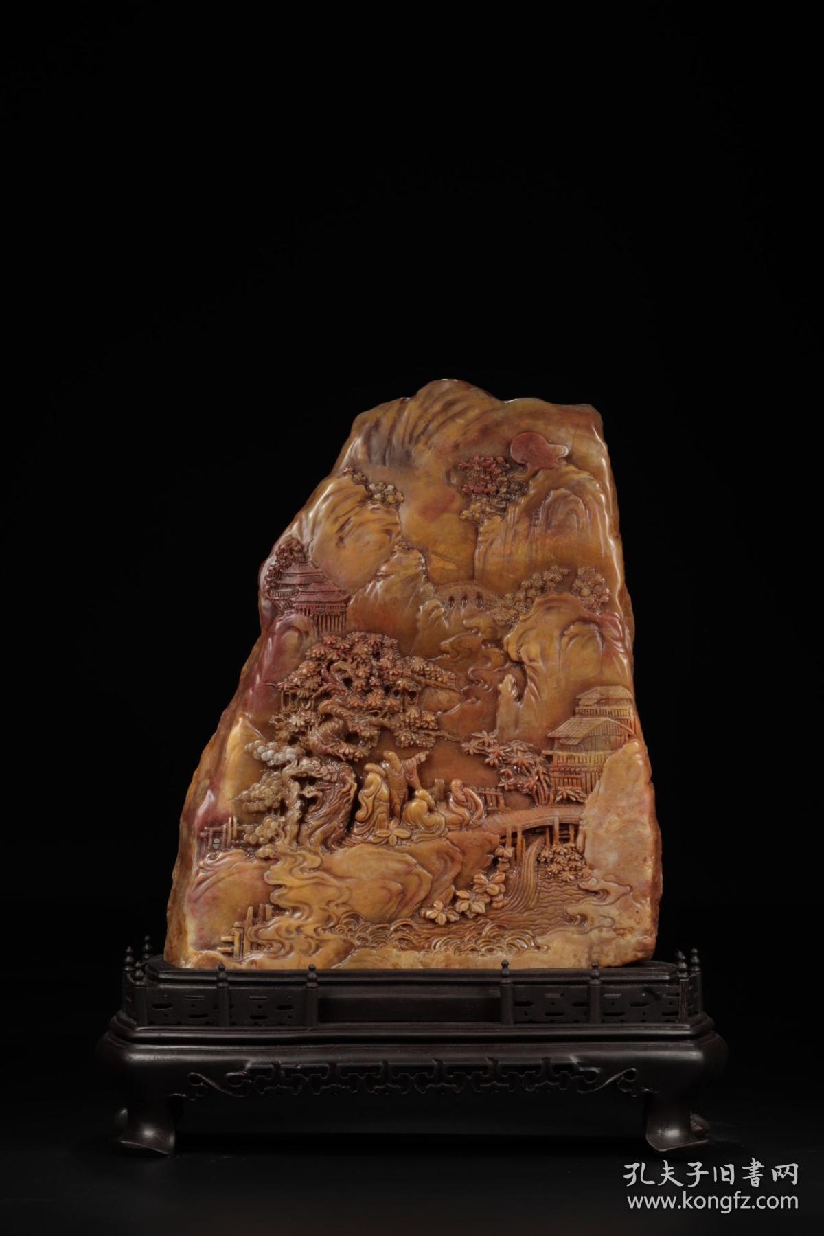 清代,寿山石松山访友图山子摆件