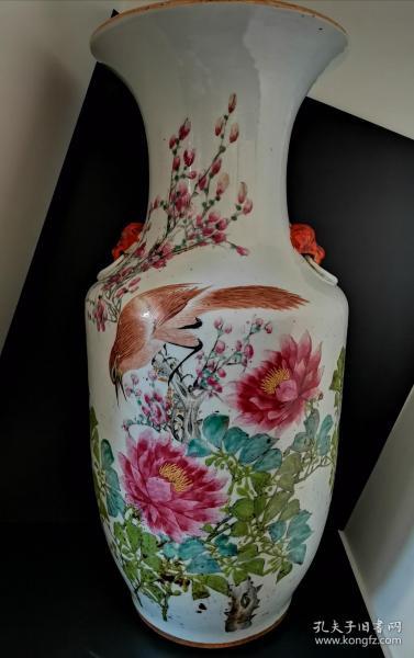 民国名家江鸿源花鸟纹兽耳粉彩大瓶
