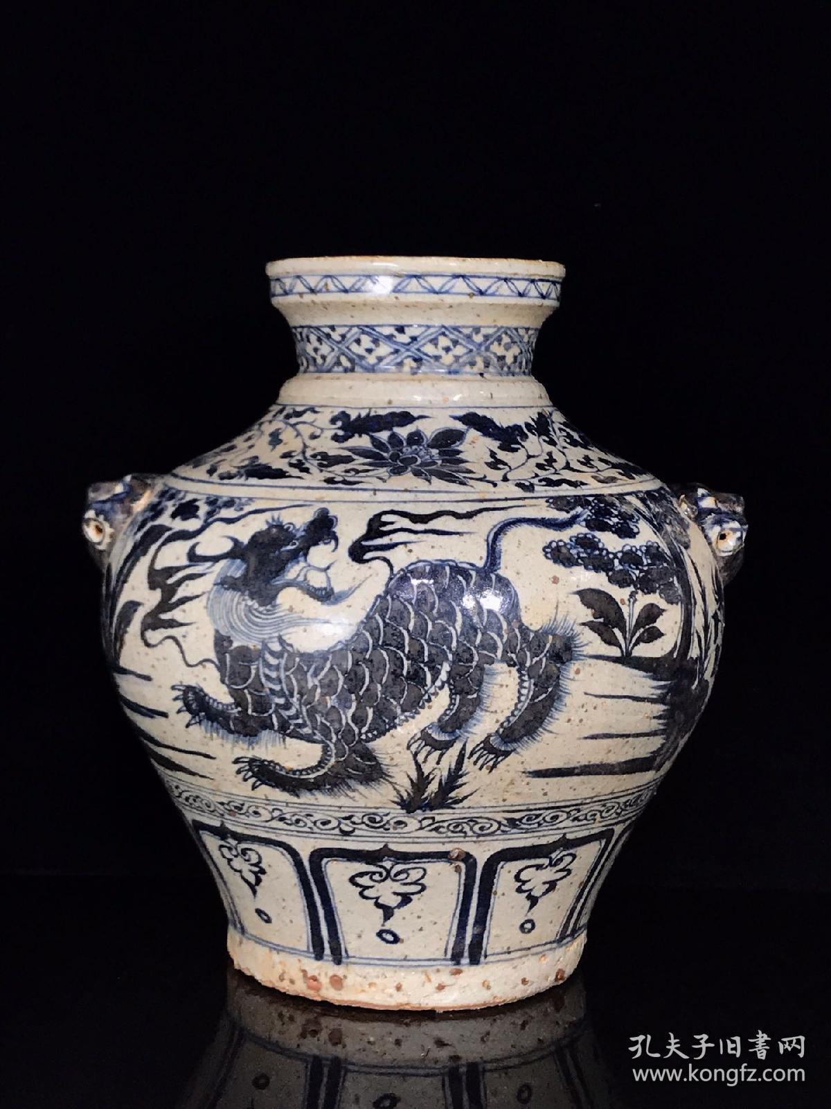 元青花瑞兽麒麟纹兽头罐