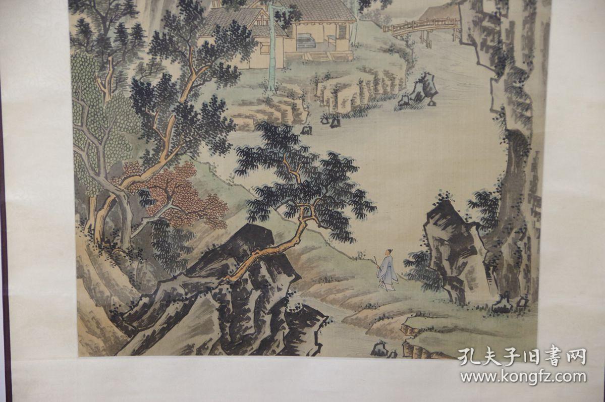 立轴老画 汤涤《绢本手绘 深山访友图》工笔彩绘山水人物图 双木轴头