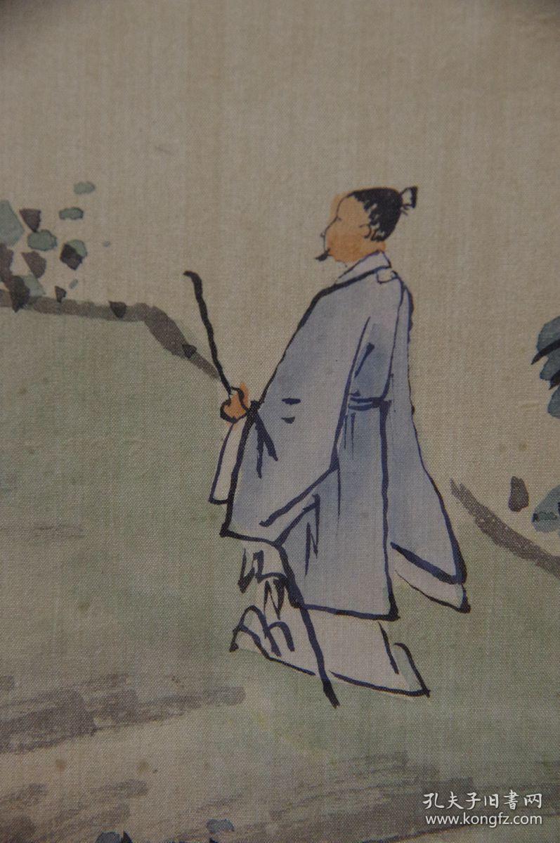 立轴老画 汤涤《绢本手绘 深山访友图》工笔彩绘山水人物图 双木轴头