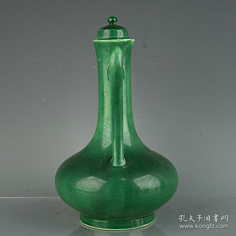大明成化年制孔雀绿釉暗刻云龙纹执壶