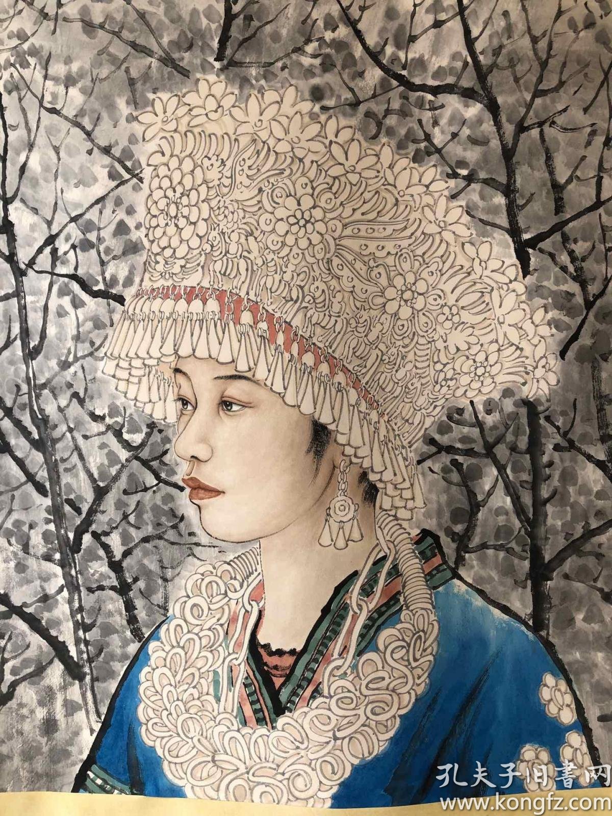 刘泉义-四尺中堂国画《苗女》100%纯手工手绘 精装精裱立轴 朱红款识