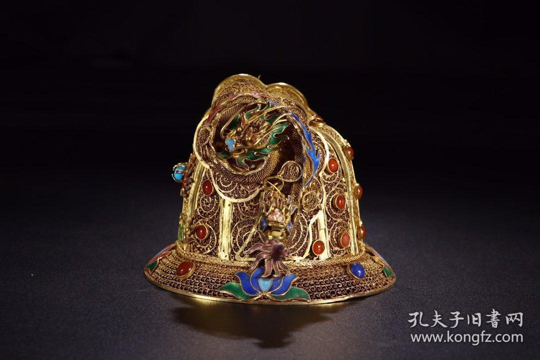 明代:铜鎏金累丝二龙戏珠纹束发冠