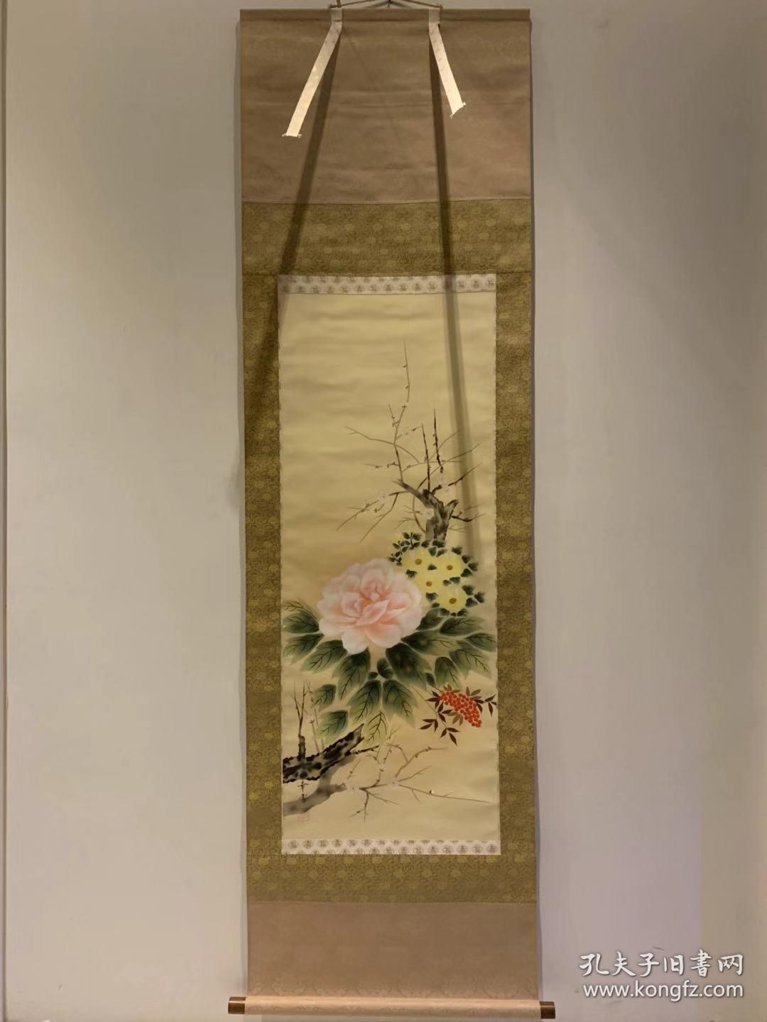 日本回流清代老字画四季花绢本手绘浮世绘挂轴真迹收藏茶室书画 孔夫子旧书网