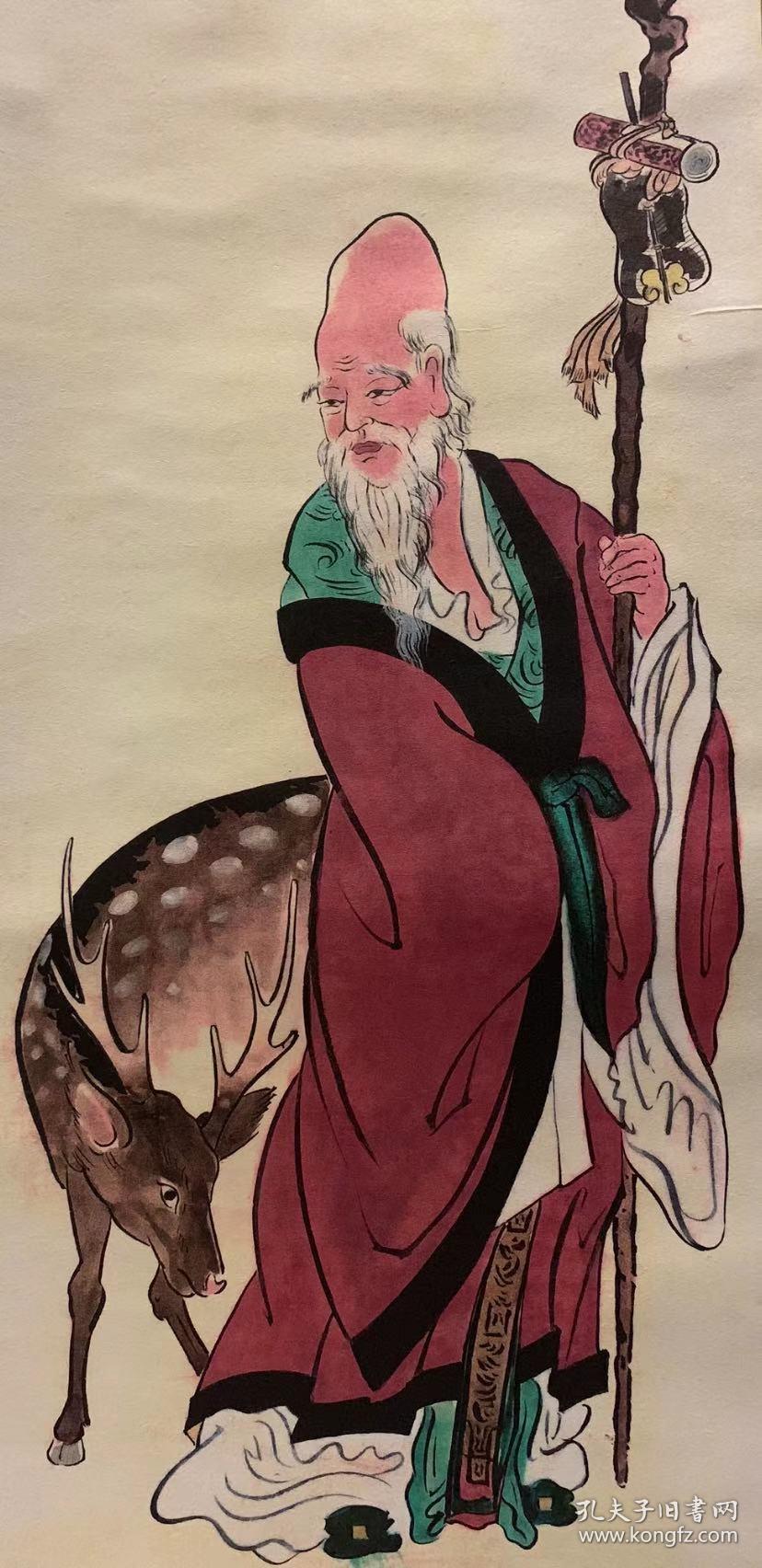 日本回流老字画 《寿老人》 茶道书房客厅挂轴挂画 真迹包老