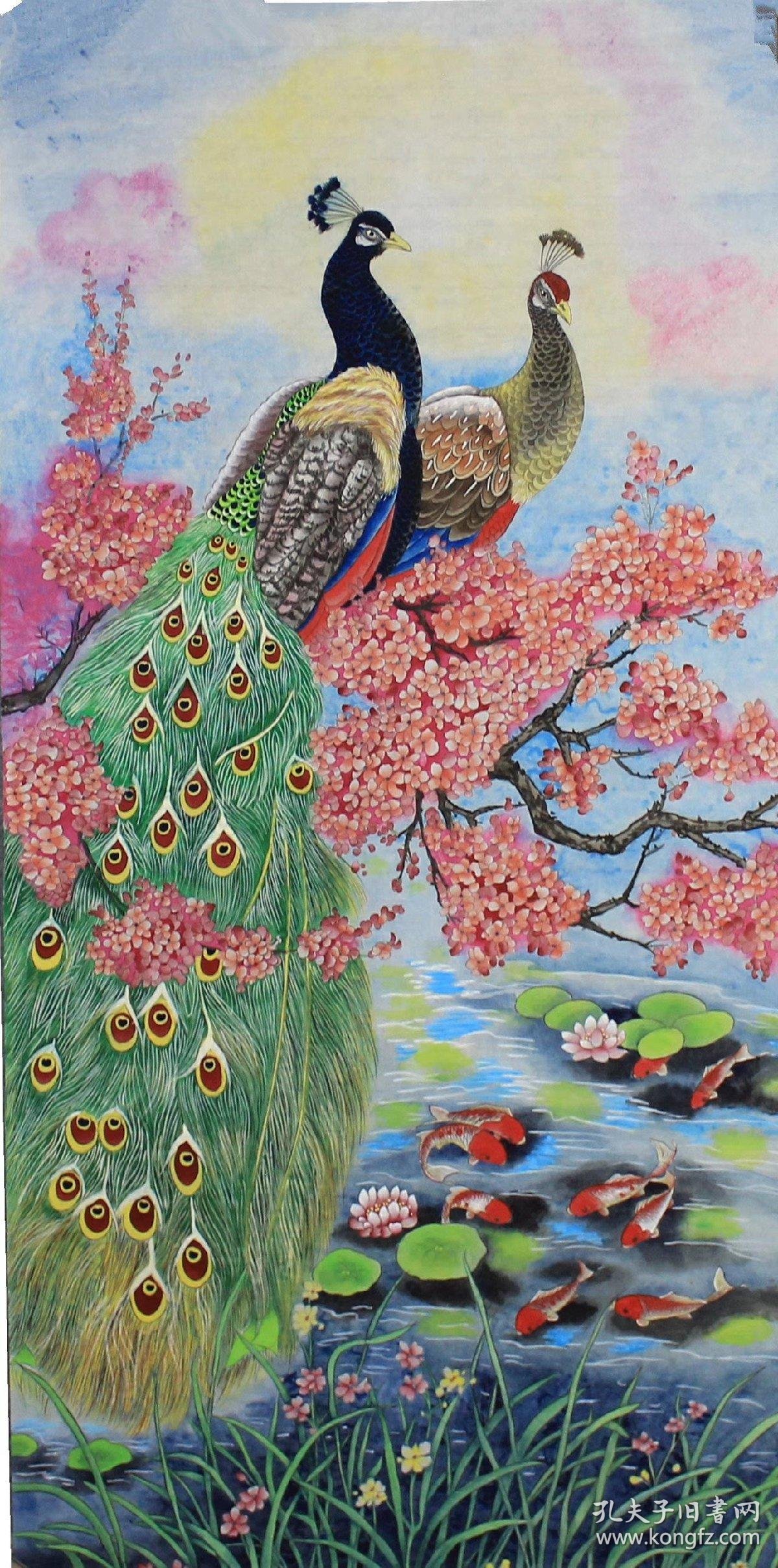 四尺工笔画,孔雀,尺寸136 68厘米