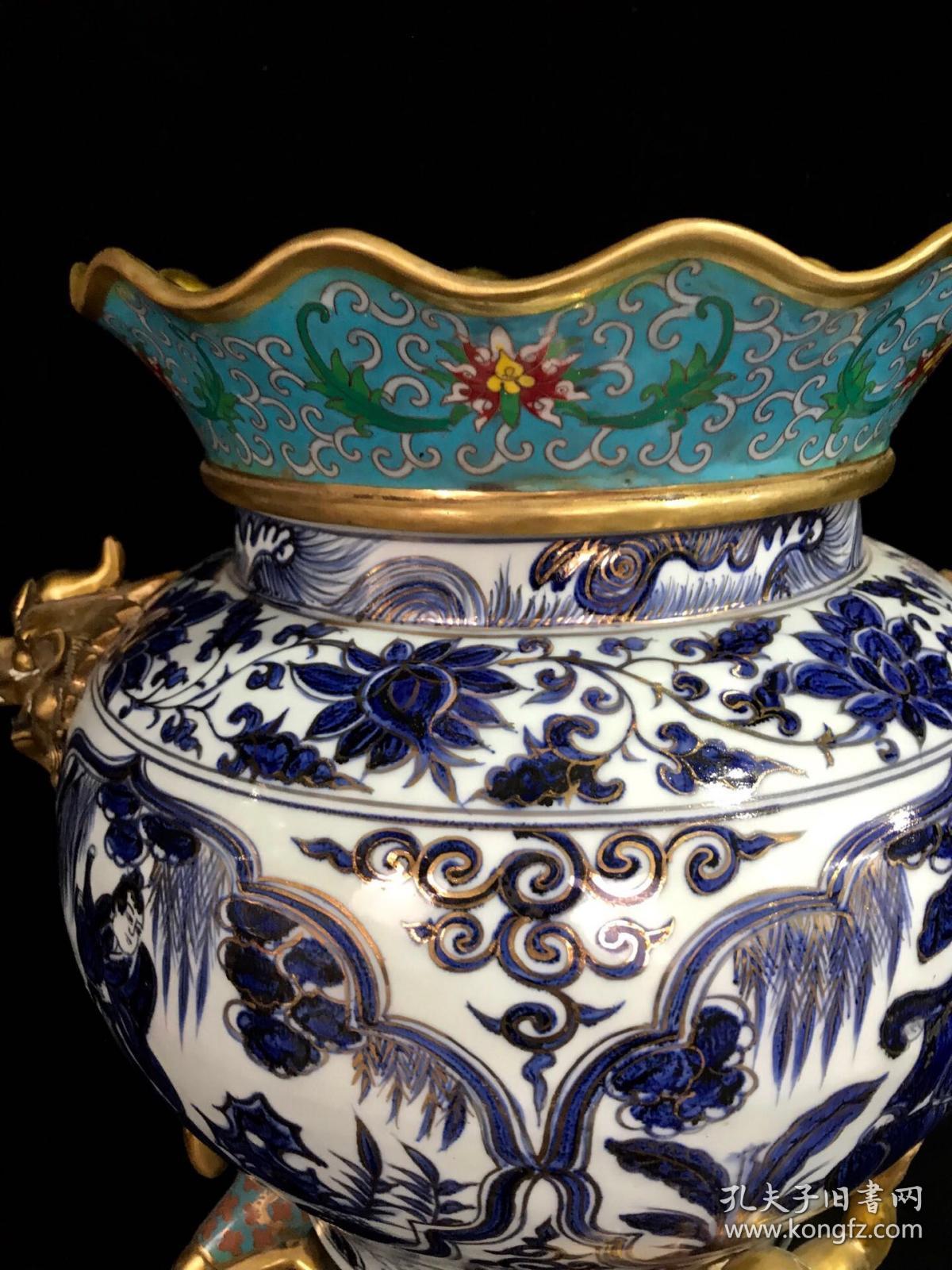 元代青花描金镶铜开光人物故事纹罐外销回流瓷器