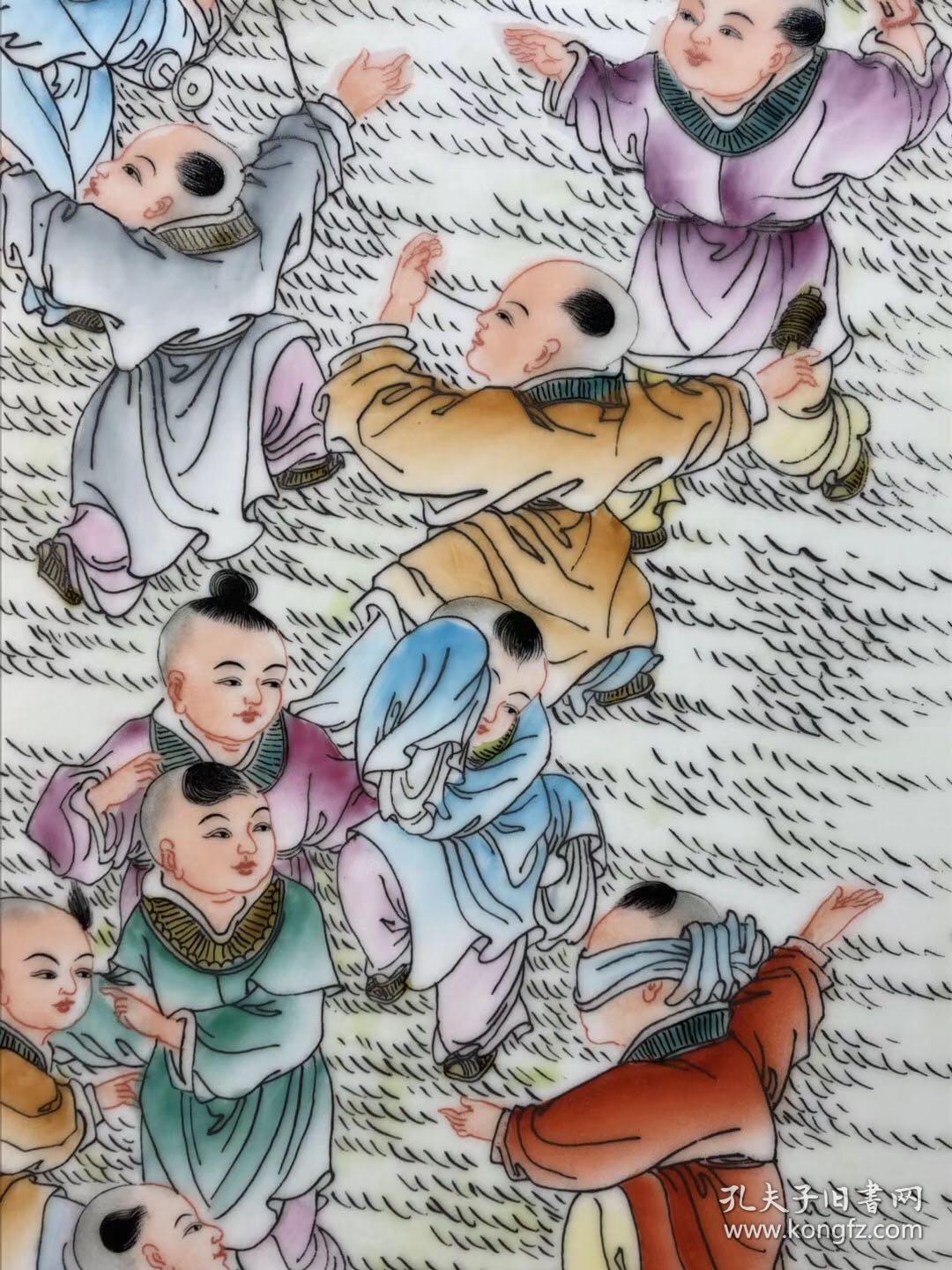 《王大凡》作品红木镶粉彩人物【百子图】瓷板四条挂屏