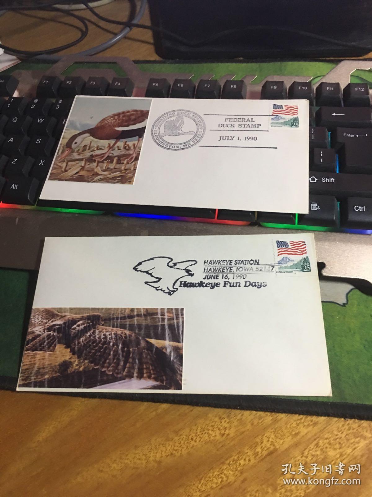 两个美国动物信封,一个老鹰信封,带老鹰印戳,一个鸭子信封,20190704