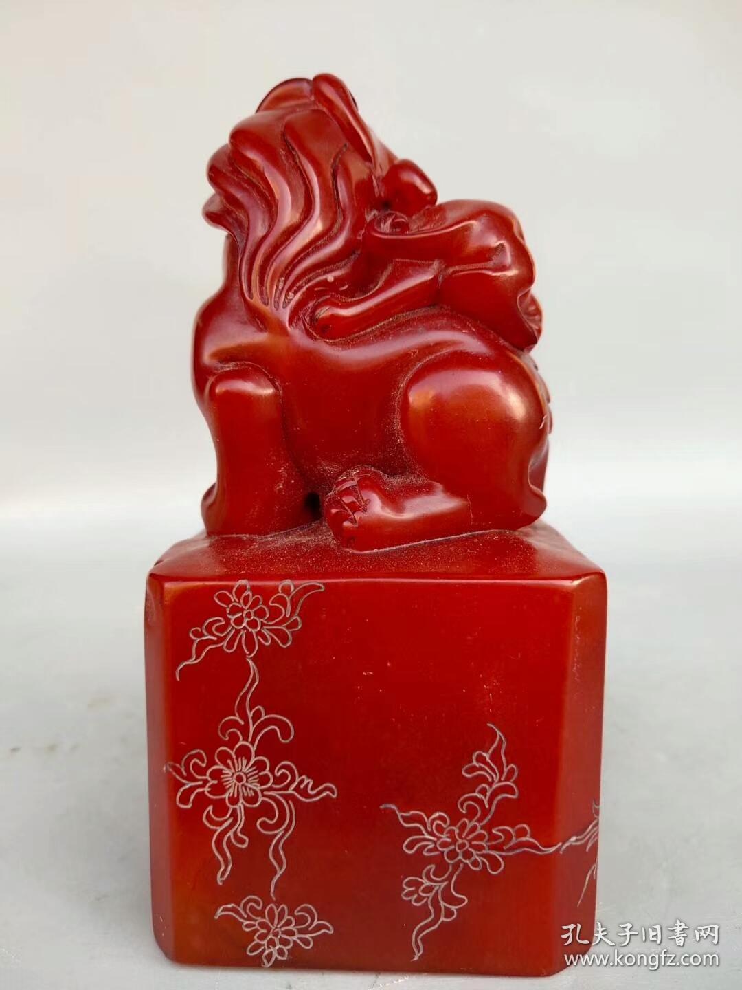 旧藏红田黄石透料手工雕刻母子情深貔貅瑞兽玉玺印章书房摆件 丁巳冬