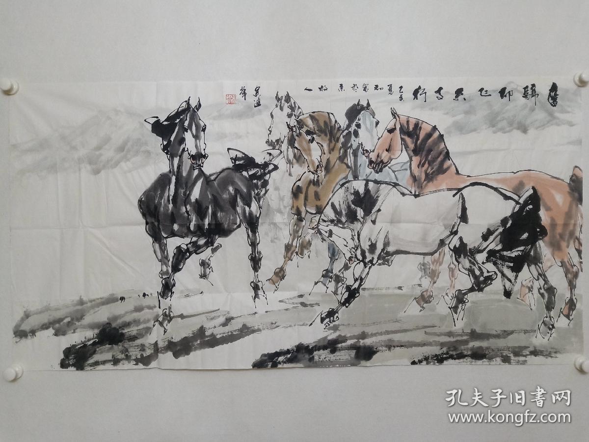 保真书画,国家画院研究员吴迅先生四尺整纸国画《群马图》一幅