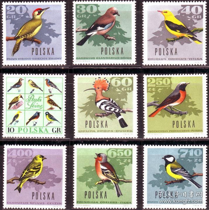 波兰1966年 森林鸟类 戴胜鸟 黄鹂鸟等9全新
