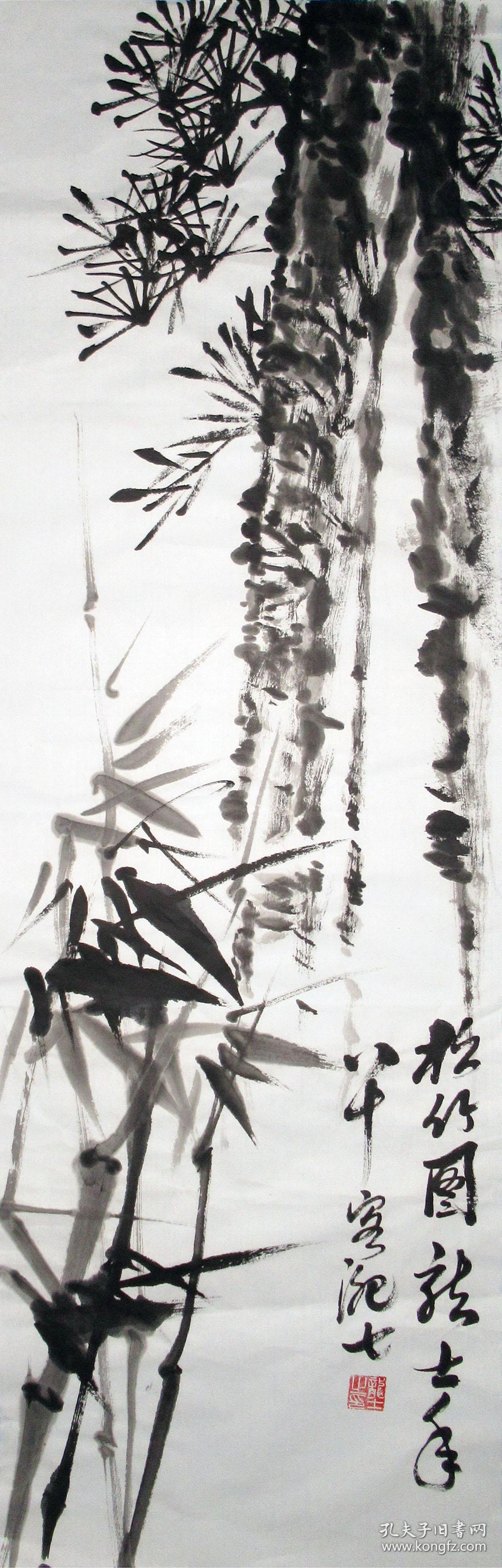 萧士龙 花鸟条幅 松竹图 手绘国画作品