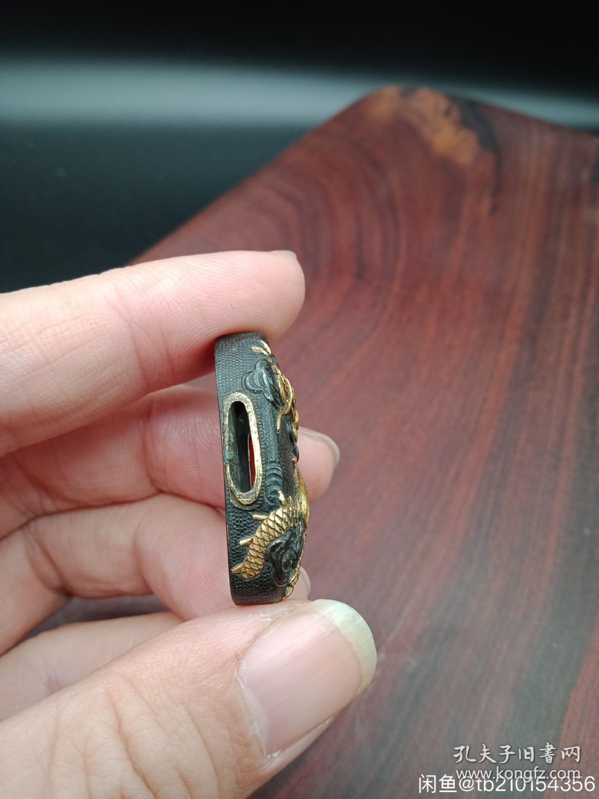 日本回流 武士刀金工装具 极上赤铜地金色绘高肉雕云龙图缘头套装