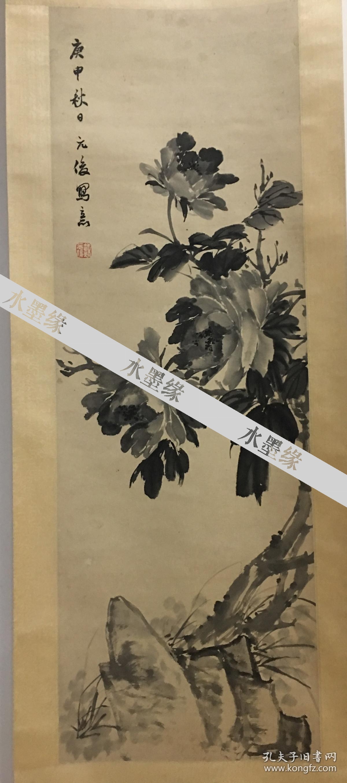 常州"戴牡丹" 戴元俊《墨牡丹》 1980年 精工老裱 尺寸103x34.