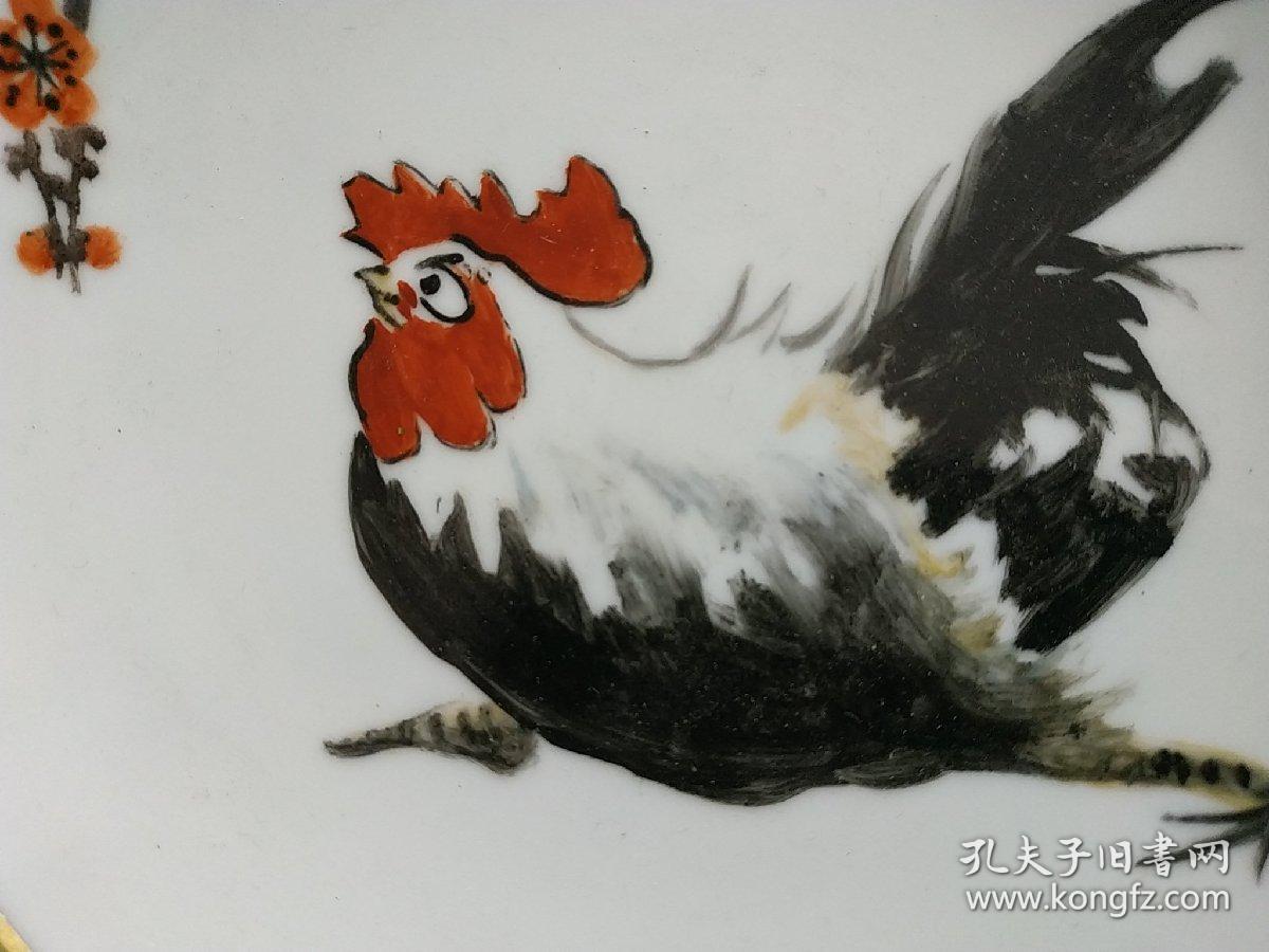 近代艺术瓷:江西景德镇名家陶卖九手绘雄鸡瓷盘,直径18厘米,画工精妙