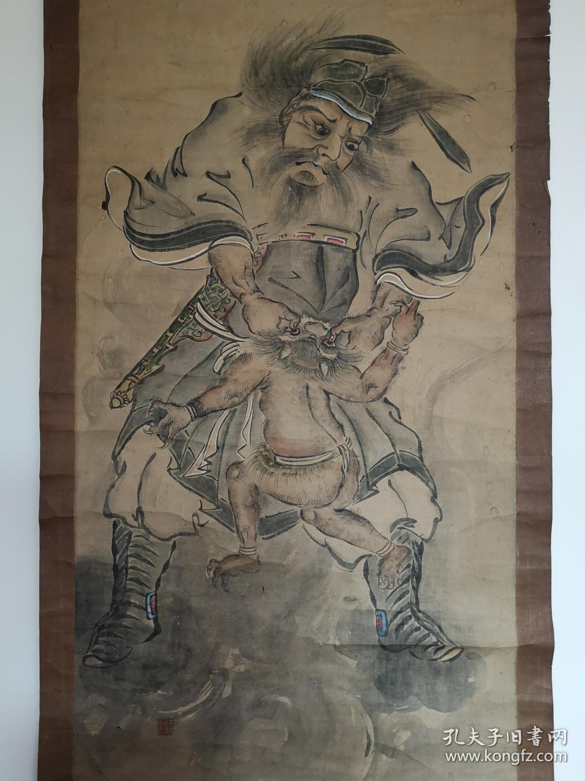 清代 纸本 大幅 佚名 钟馗捉鬼图 原装老裱