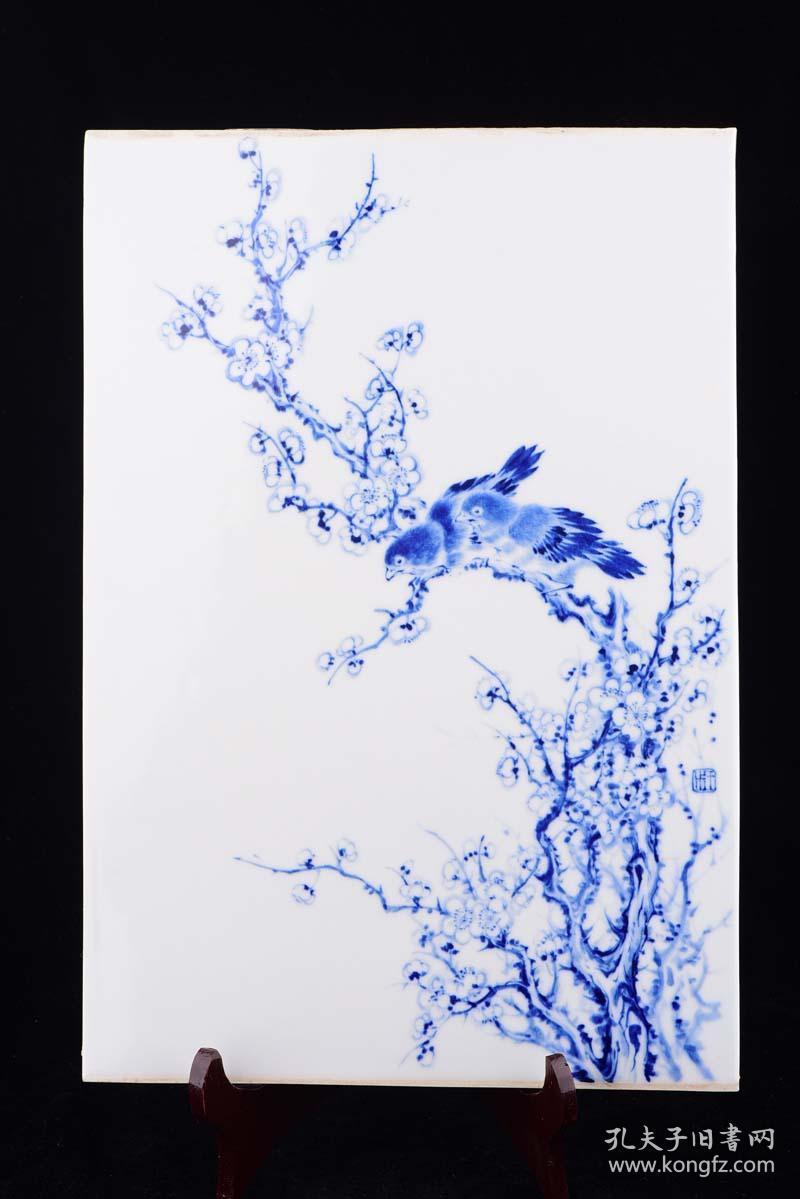 解放初期竹溪王步绘青花梅雀争春瓷板画3000高37.9*25.7厘米