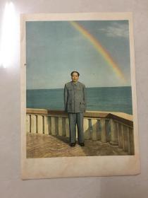 宣传画画片 毛主席在海边 天空有彩虹16开5-60年代