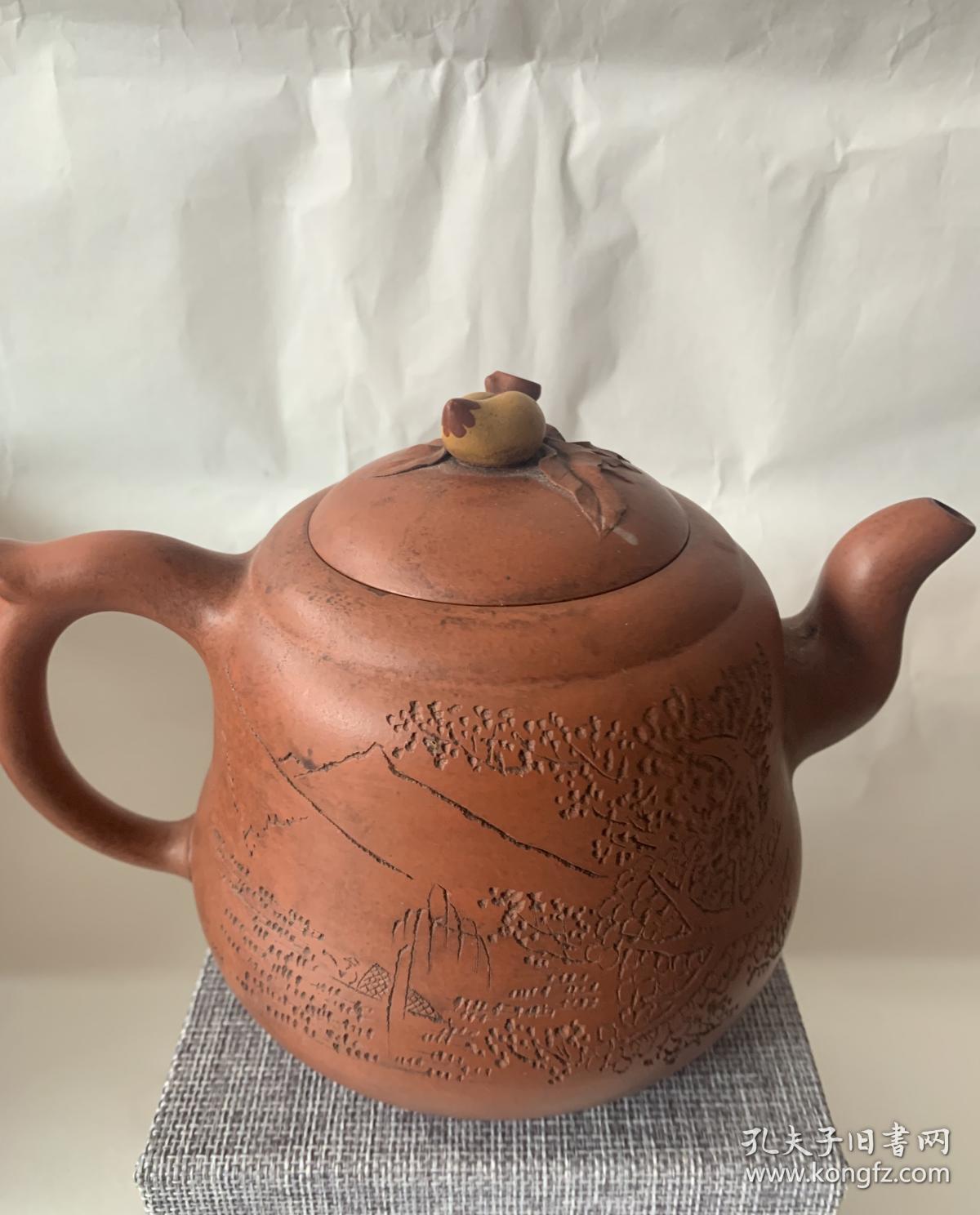 民国邵云如(北研)紫砂壶,壶盖落大生字样,刻工一流的文人画,全品,皮壳