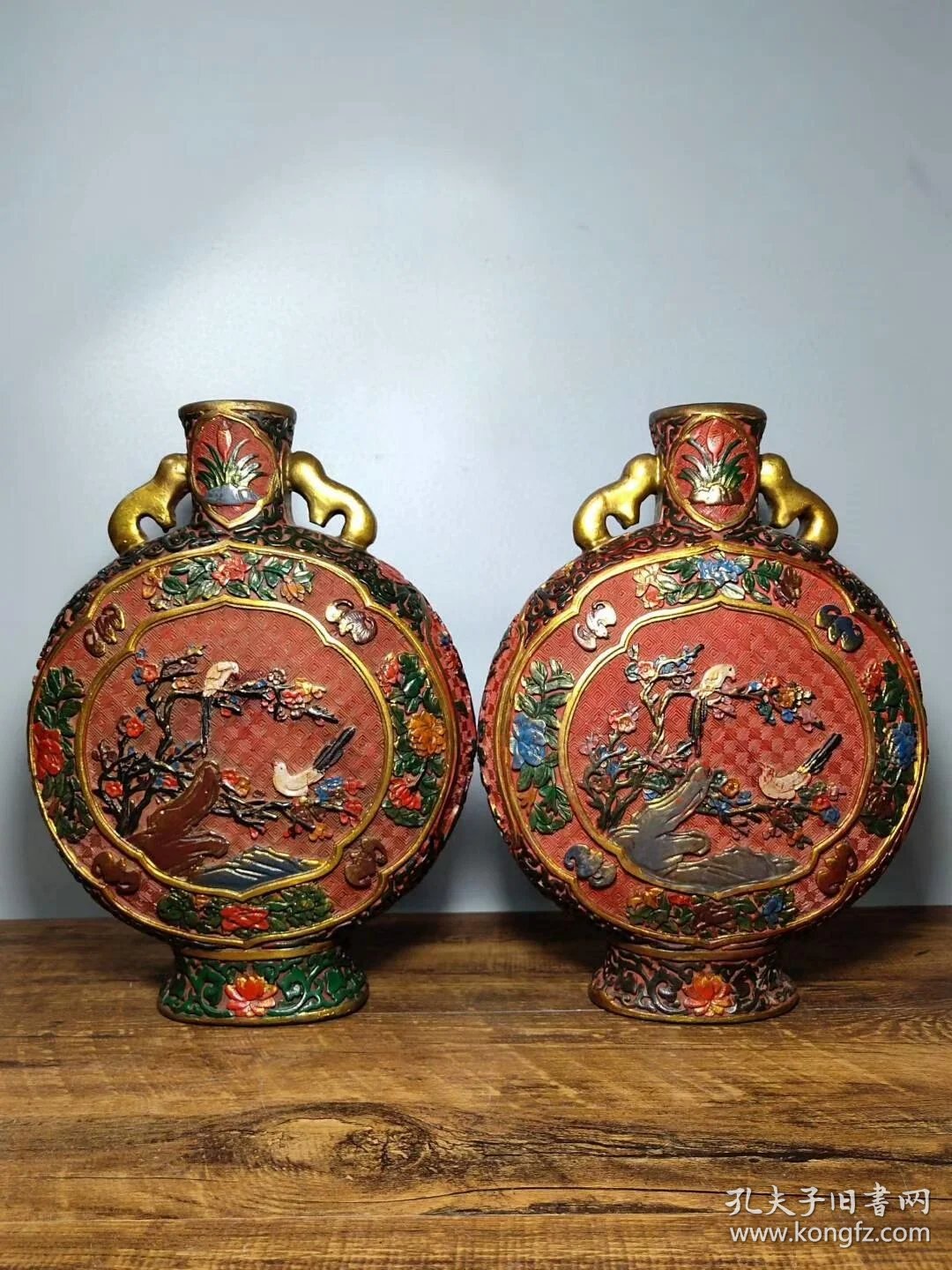 旧藏清代剔红漆器抱月瓶手工彩绘《喜上眉梢》花瓶摆件一对 单个尺寸