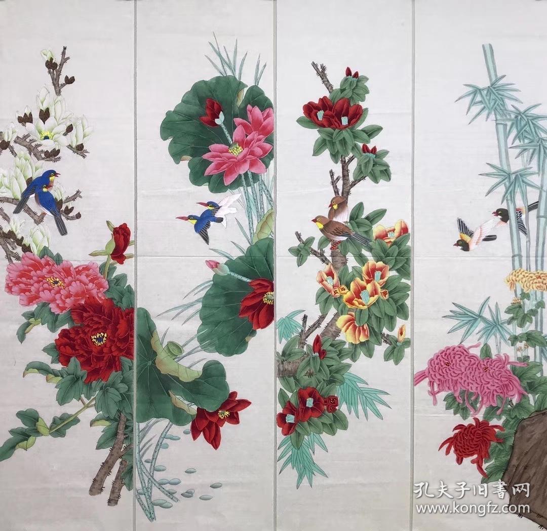秦霞,精品花鸟工笔四条屏,可落款,单套