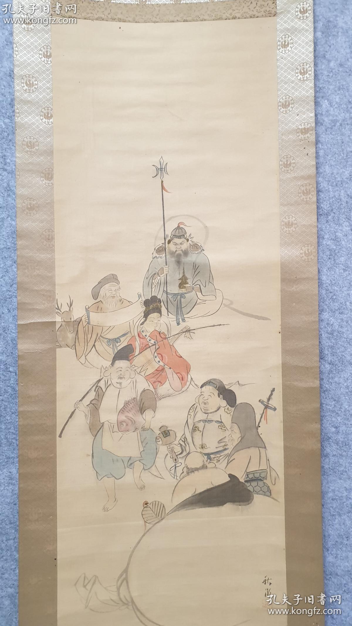 日本著名的浮世絵画家(中山秋湖1880～?)绢本手绘人物画《七福神》