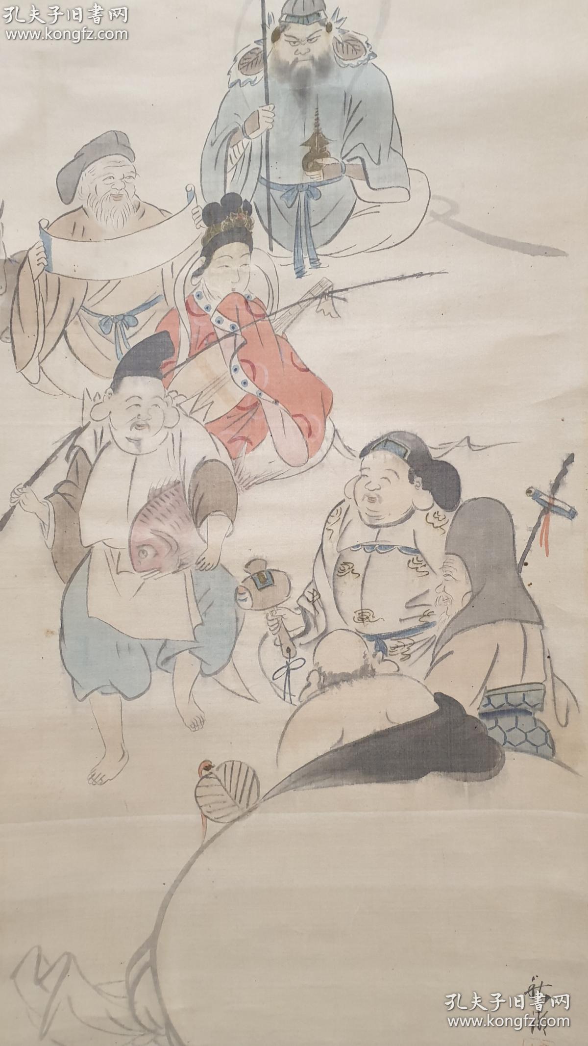 日本著名的浮世絵画家(中山秋湖1880～?)绢本手绘人物画《七福神》