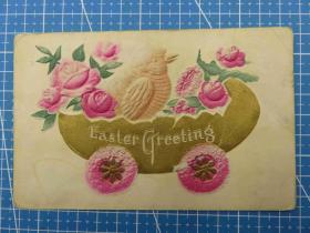47#1910年美國小雞玫瑰花凸版浮雕空白明信片