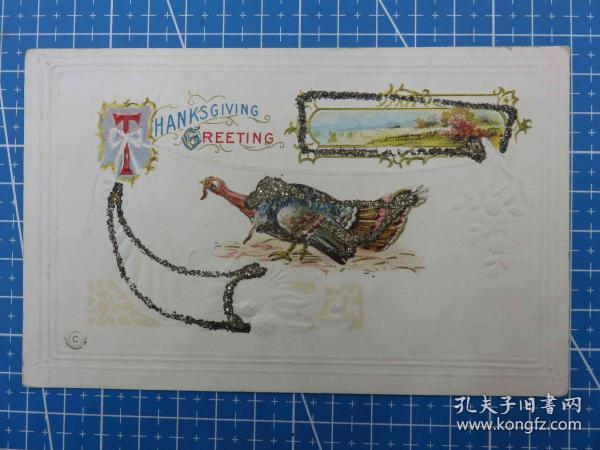 51#1910年美國火雞浮雕凸版閃光粉空白明信片