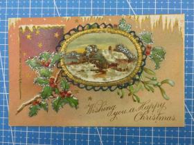 49#1910年美國圣誕雪景浮雕凸版閃光粉空白明信片