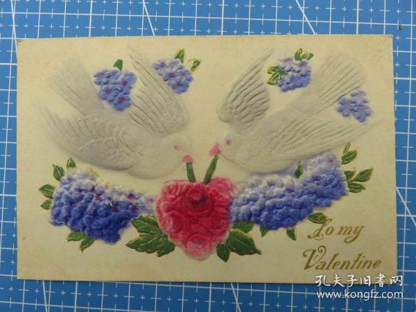 52#1910年美國鴿子和絨布玫瑰花凸版浮雕厚紙空白明信片