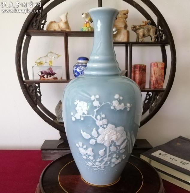 出口回流瓷60 70 年代 建国瓷厂天青釉堆白花鸟花瓶 孔夫子旧书网
