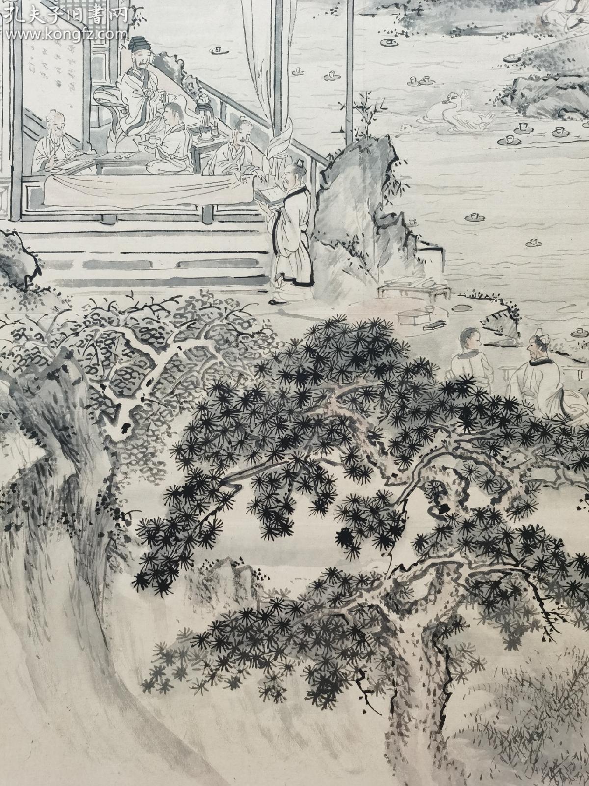 【博物馆收藏级别大尺幅通景，蘭亭曲水图】 回流老画精品人物山水六曲通景老屏风。清时代老画
