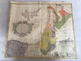 18世紀（1744年）拉丁文銅板手工填色古地圖“巴勒斯坦圣地”大幅一張55.5x48.5cm