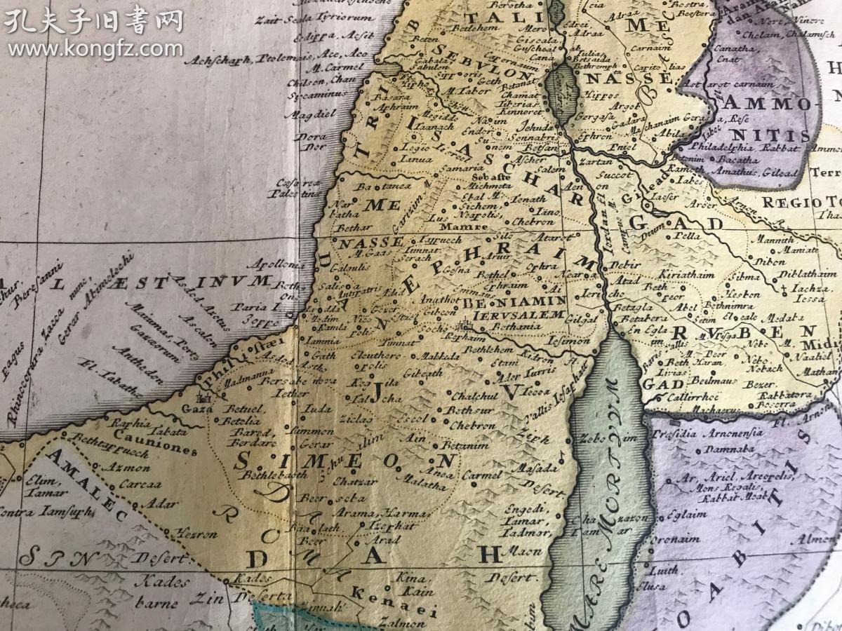 18世纪(1744年)拉丁文铜板手工填色古地图"巴勒斯坦圣地"大幅一张55.