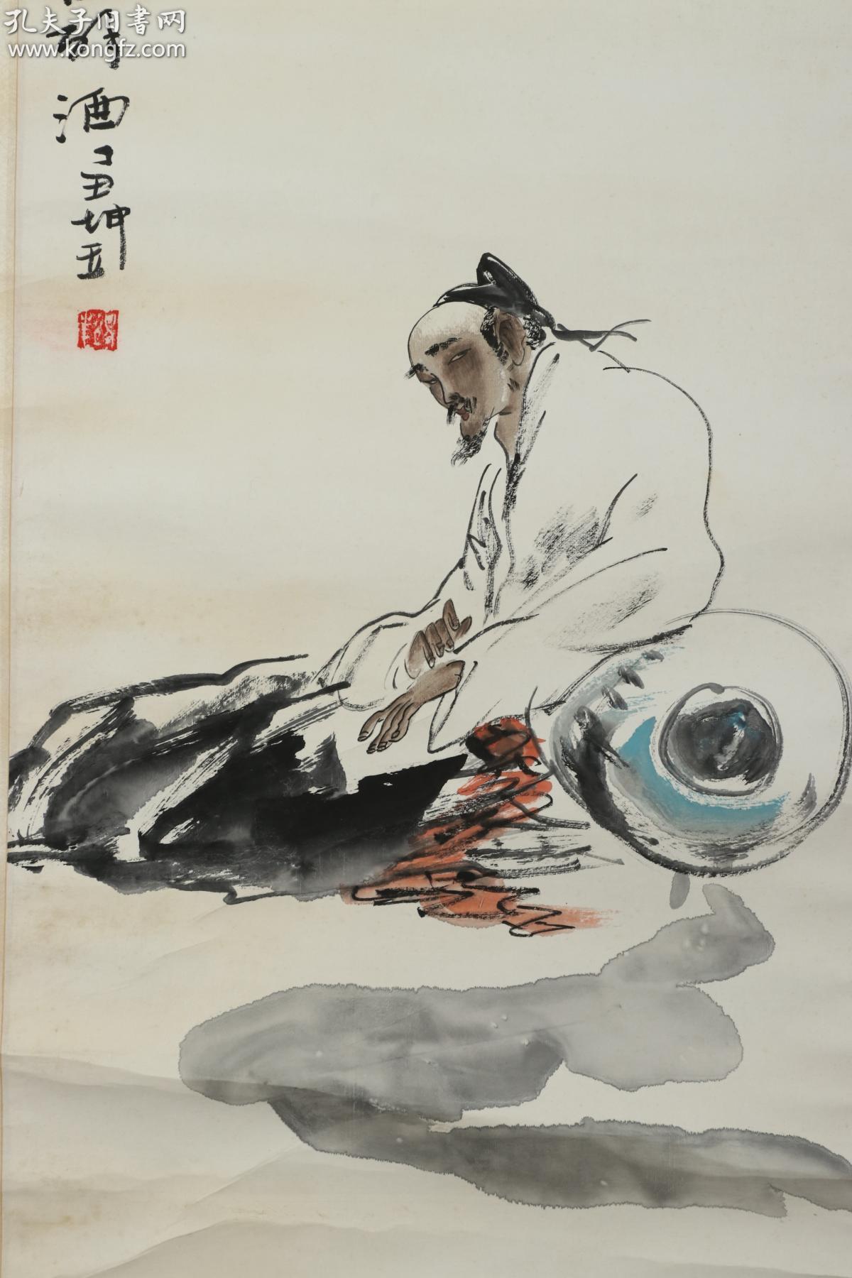 刘坤玉 丁丑年(1997)设色人物《李太白醉酒》一幅(纸本立轴,画心约2