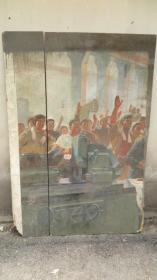 约60年代文革期间   红色工农兵 人物画像一幅 木板 油画包老真两张拼一起  尺寸179*125厘米