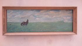 约6-80年代  无款草原风景油画 原装原框  画心尺寸124*44厘米 画面破口