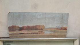 约  70年代  风景  木板油画一幅  画心尺寸42*95厘米