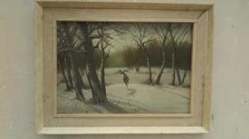 约  70年代原装木框  雪景 小鹿 木板油画一幅  画心尺寸40*57厘米