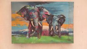 约 80年   猛犸象 大幅油画一幅  画心尺寸49*72厘米