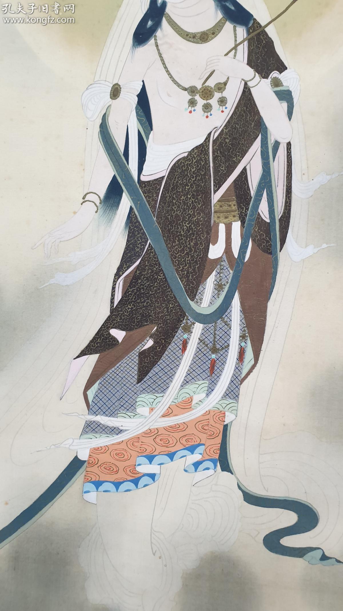 z853号转店铺堆朱雕漆轴头绢本名家青云手绘菩萨像可能是大势至菩萨