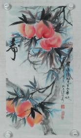 上海浦东新区美术家协会会员 女画家 杨秀琼 2002年作 致孟-瘦-梅 国画作品《寿桃图》一件（纸本软片，约2.2平尺，钤印：杨秀琼、长相忆）HXTX318914