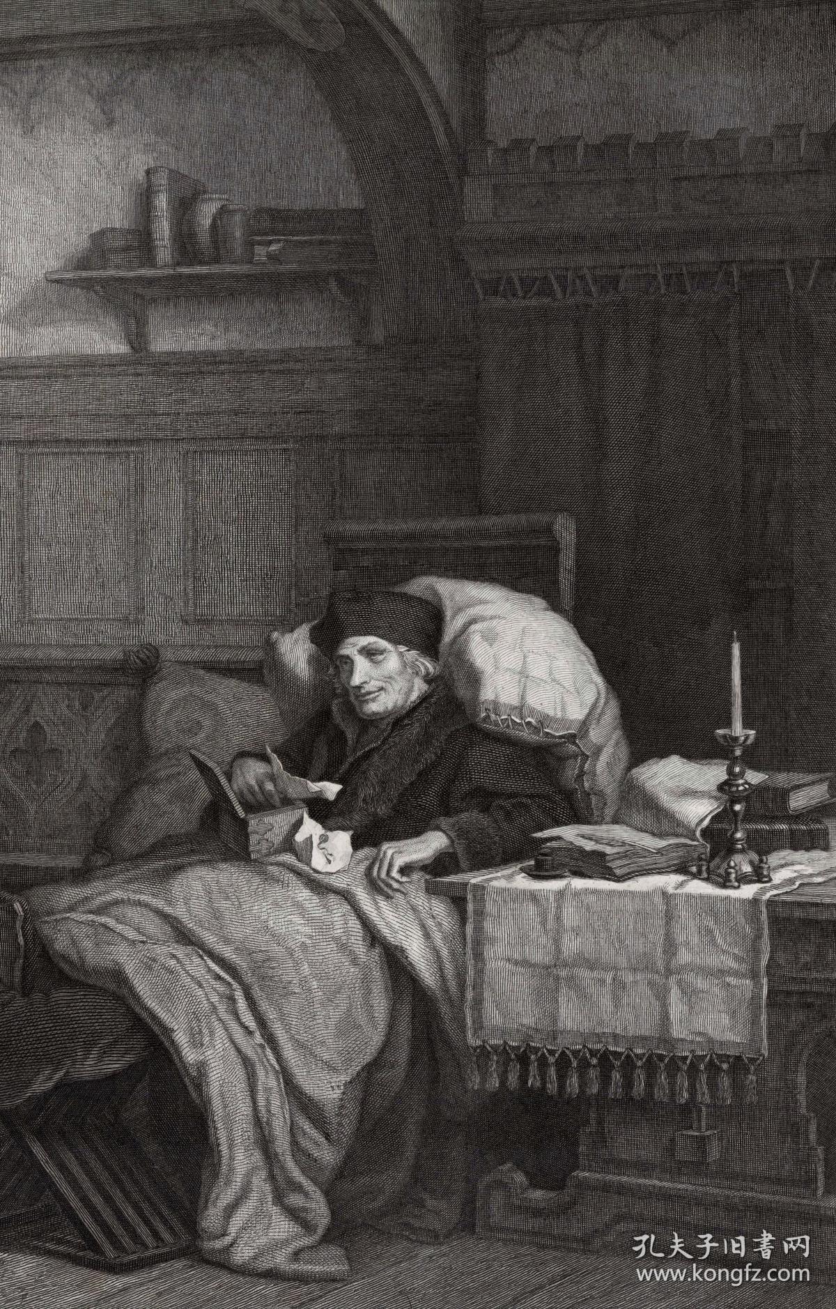 1881年大幅精刻钢版画《伊拉斯谟》,49.7×34.3cm