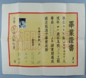 1956年 时任天津大学校长吴德、副校长张国藩、刘锡瑛等签发 学生尚繁俊毕业证书 一张（贴有小照片一枚，钤印：天津大学）HXTX321707